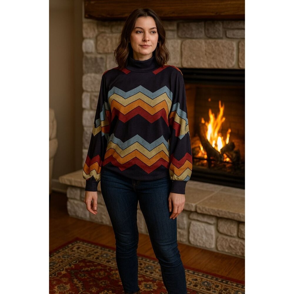 LouKeith Retro Top M Black Orange Blue Chevron Long Sleeve Boho Indie Aesthetic